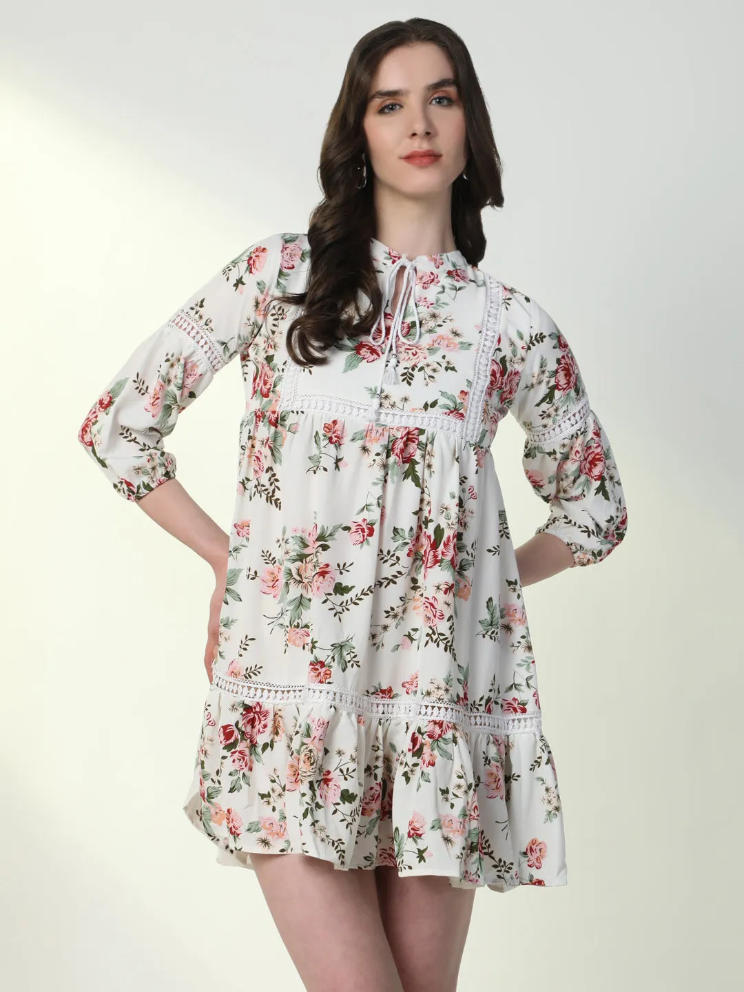 Women Floral Off White A-Line Dress
